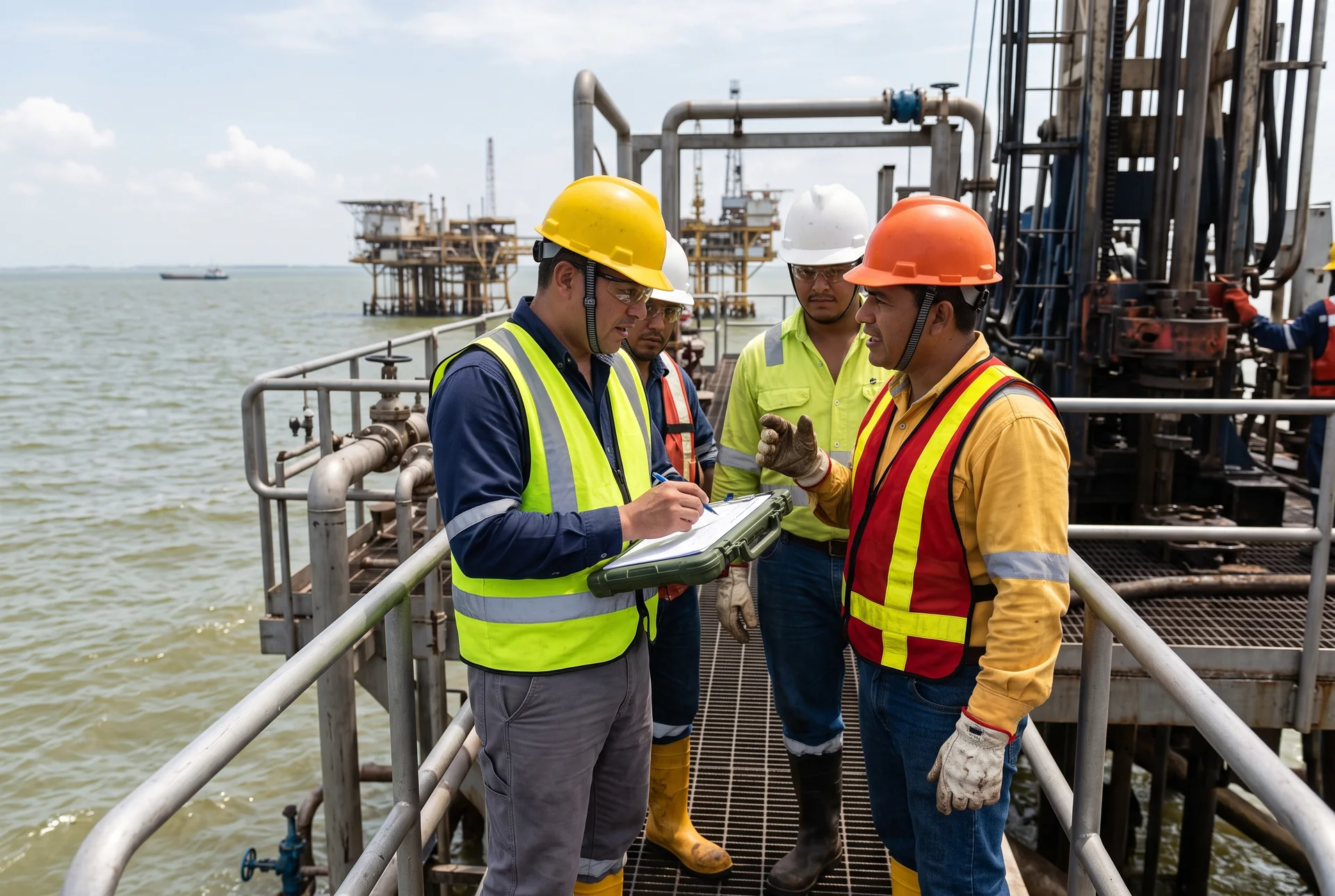 Cuadrilla técnica revisando condiciones de seguridad en campo