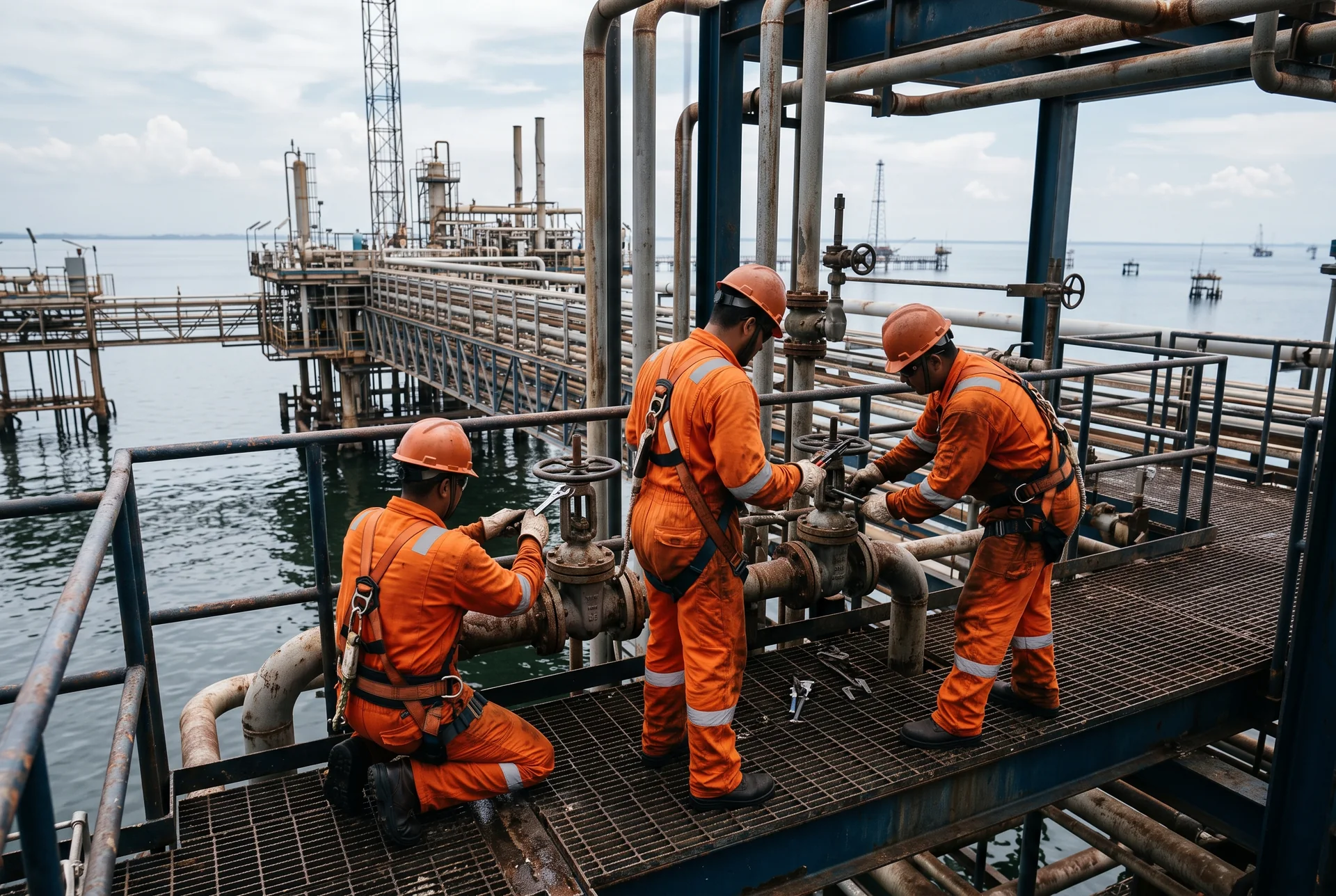 Técnicos realizando labores de mantenimiento en una instalación petrolera